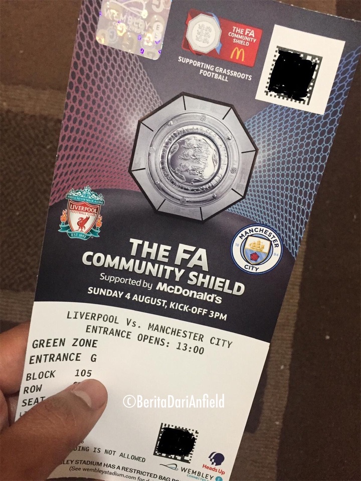 Tiket The FA Community Shield 2019 bagi Liverpool section menentang Manchester City